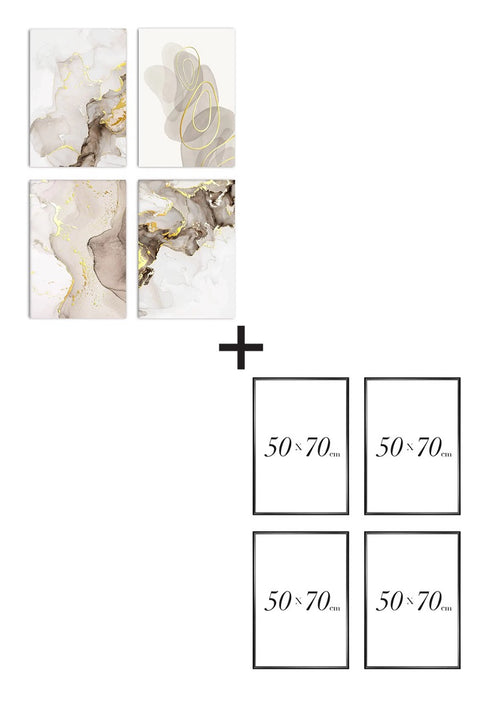 Zestaw 4 Plakatów Beżowa Farba Złoty + 4 Ramki Czarne 50x70cm